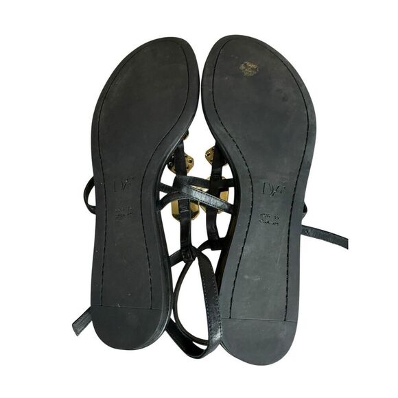 Diane von Furstenberg Black T-Strap Leather Sandals Gem Detail Size 9 - Picture 7 of 9
